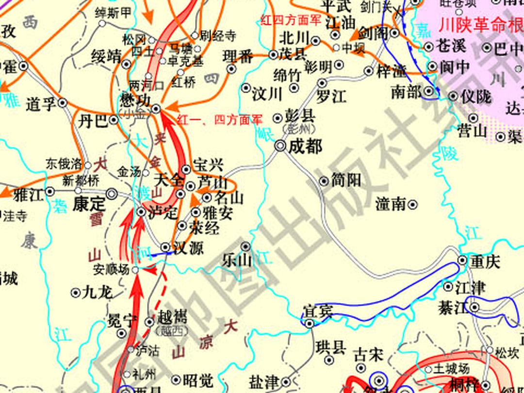 大渡河泸定桥区域官方地图放大图，可读出康定、天全、雅安、汉源、石棉、越嶠等地名